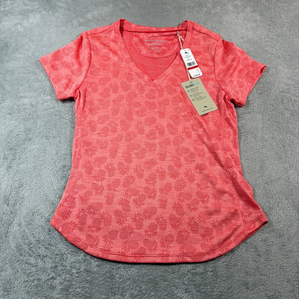 Tommy Bahama IslandZone Palm Coast Pineapple Shirt Women XS Bright Coral V-Neck